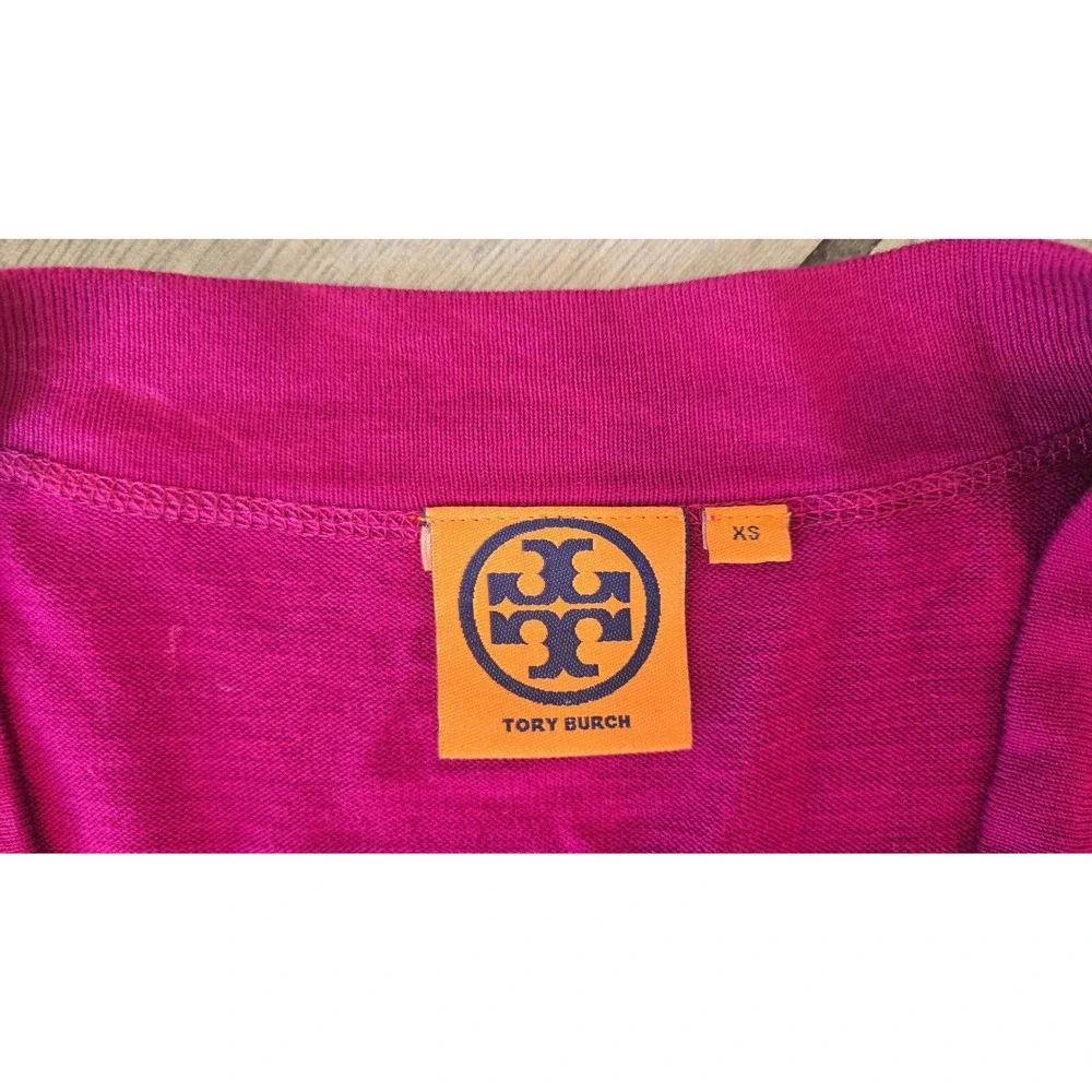 Tory Burch Simone Cardigan Magenta Pink Cotton Gold Logo Button Sweater XS